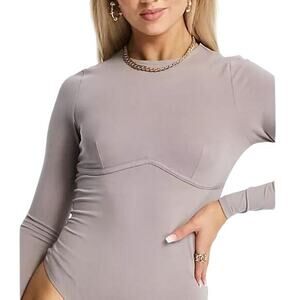 SPRING‎ SALE! ASOS DESIGN Long Sleeve Corset Bodysuit in Mushroom Size 4 Petite